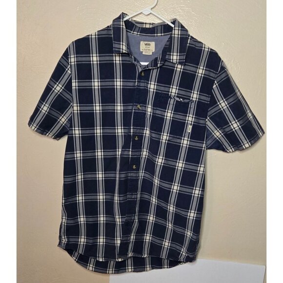 Vans 100% Cotton Blue Plaid Pocketed Short Sleeve Button Down Top Classic Medium - Picture 1 of 4